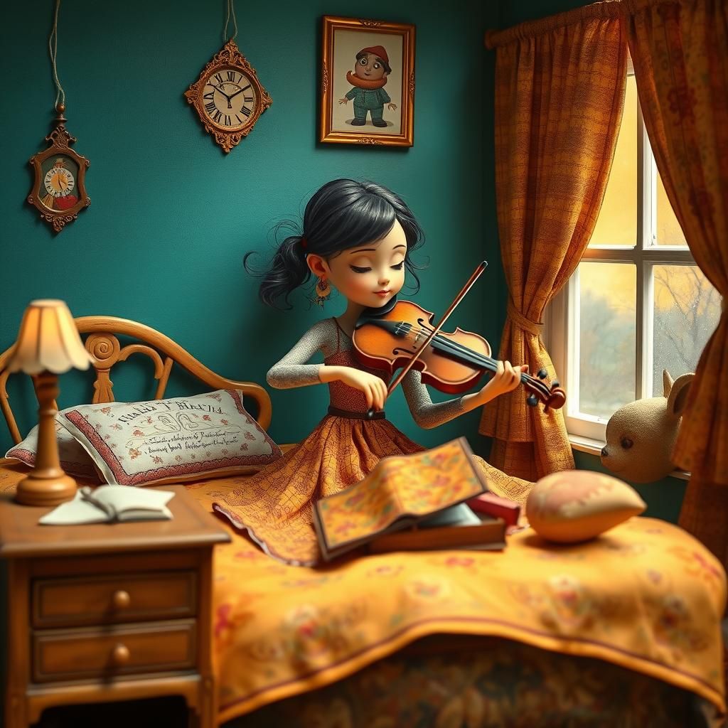 Girl Practicing Violin in Whimsical Folk Art Style