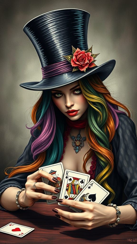 Rainbow Haired Woman Playing Cards in Trash Polka Style