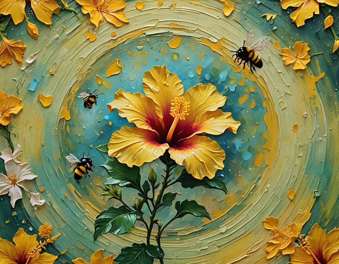 Giant Yellow Hibiscus with Bumblebee as Impasto Painting