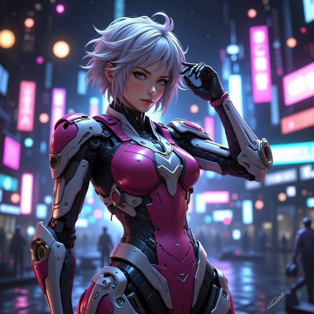 Anime Mecha Pilot in Cityscape with Bokeh Lights