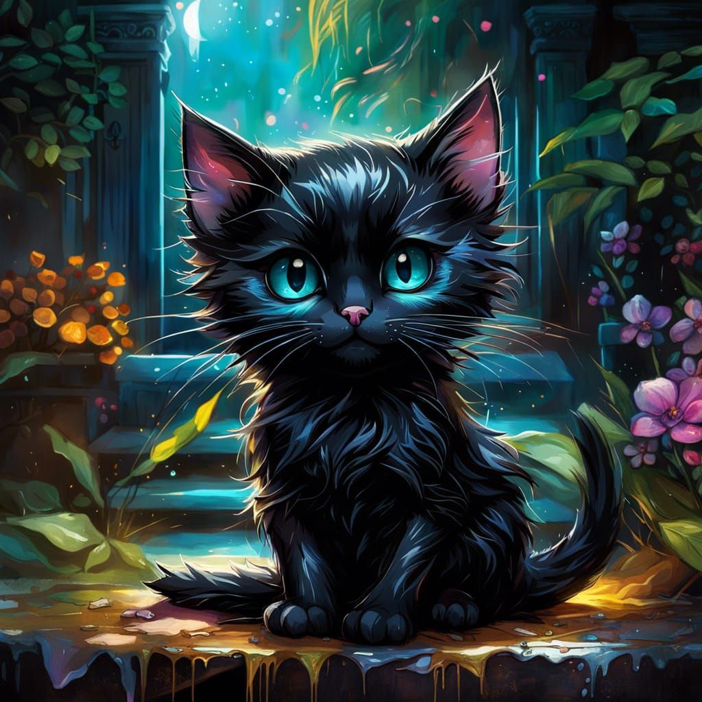 Enchanting Chibi Black Cat in Vibrant Metallic Colors