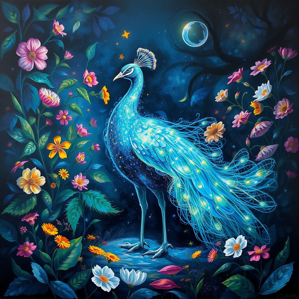 Vibrant Bioluminescent Peacock Dances in a Lush Garden in Oi...