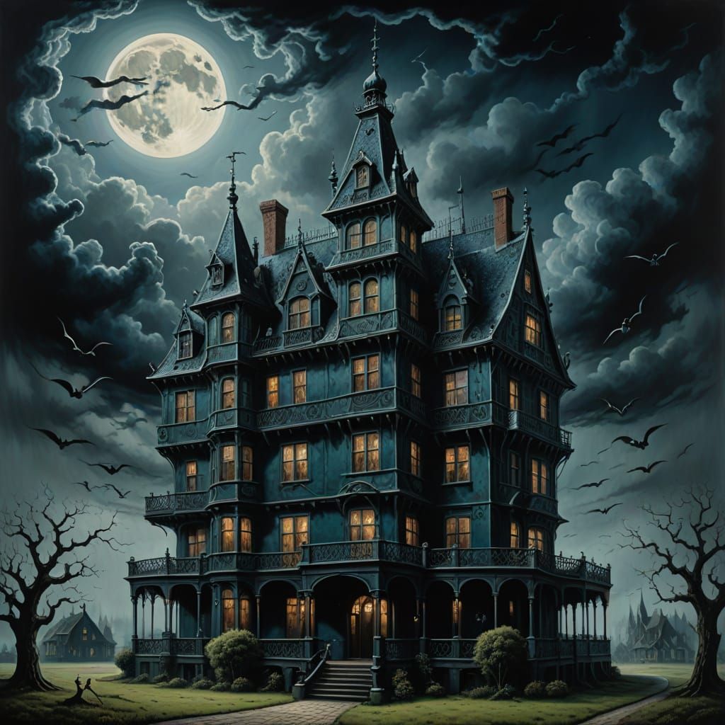 Surrealist Hekswoman Floats on Broomstick Before Gothic Mans...