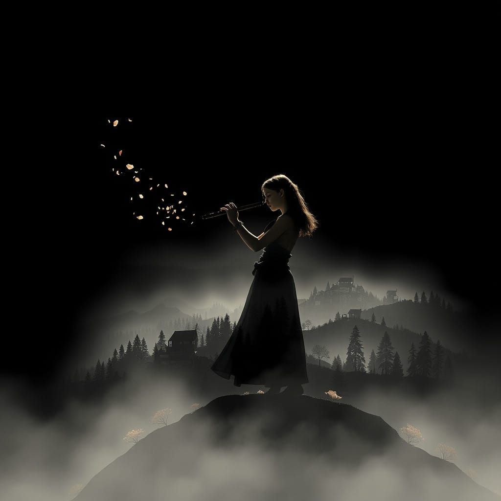 Misty Hilltop Maiden in Whispers of Ancient Civilization