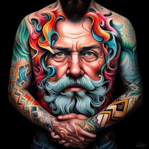 Tattooed Man with Beard in Graffiti Street Art