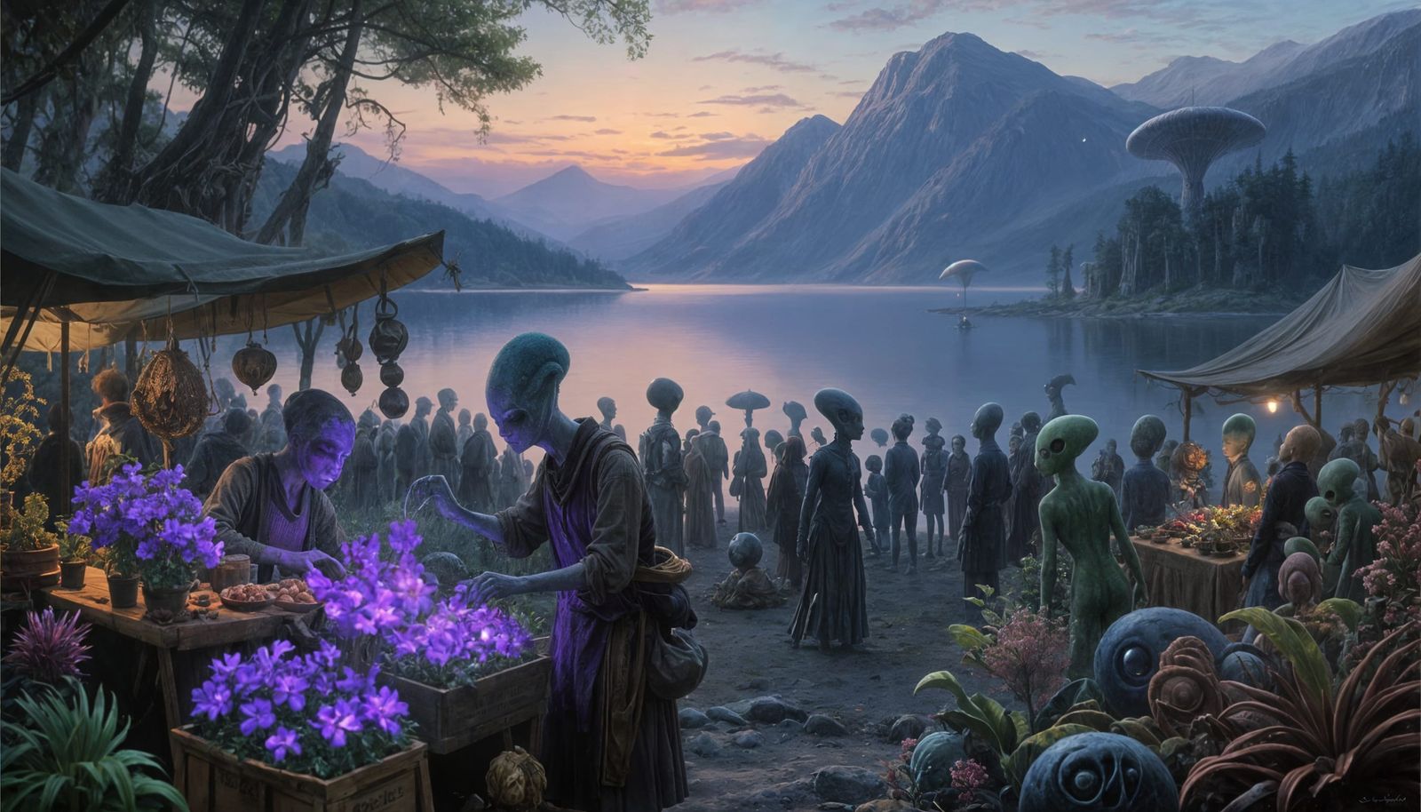 Ethereal Alien Market at Dusk: Fantasy Landscape