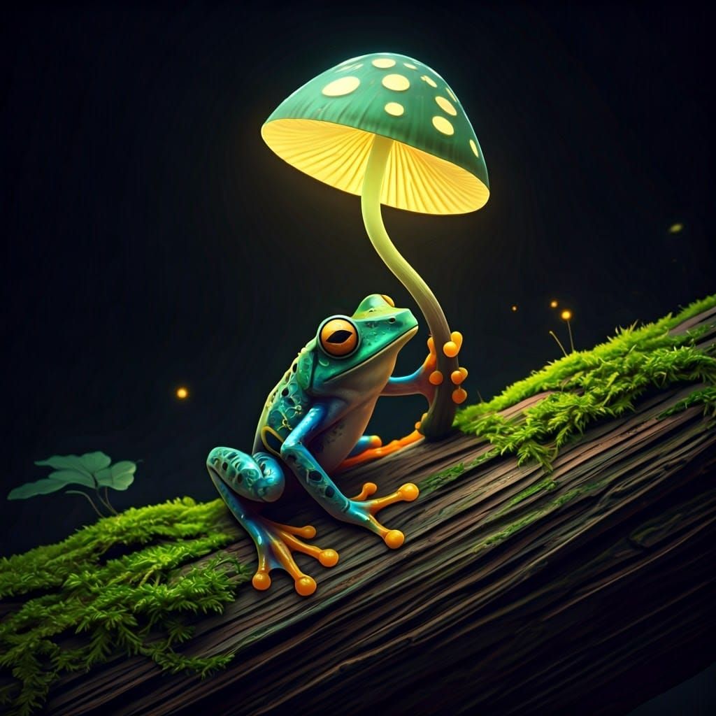 Bioluminescent Mushroom Umbrella Held by Poison Dart Frog