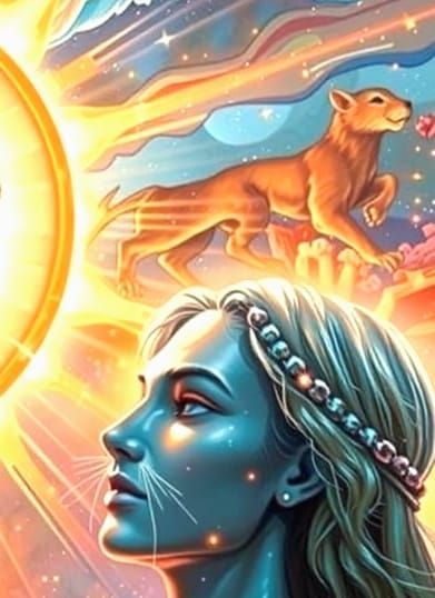 Whimsical Lioness as Christ Figure in Vibrant, Kaleidoscopic...