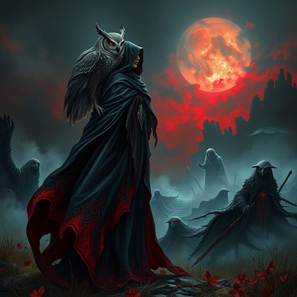 Dark Celtic Goddess Nemain Battles Supreme in Fiery Haze