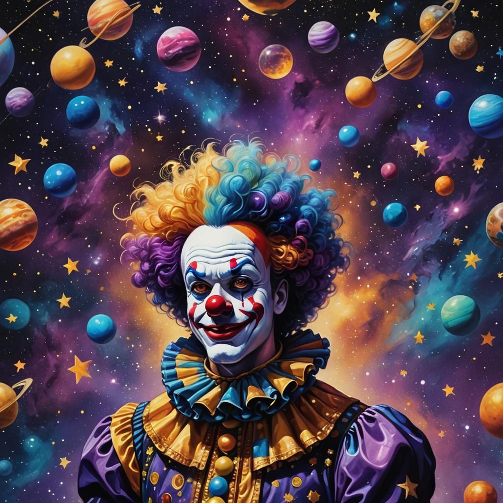 Colorful Clown Floating in Deep Space: Concept Art
