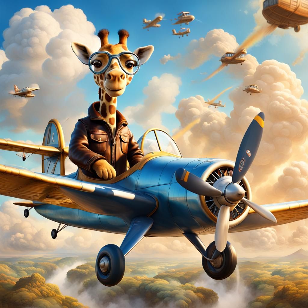 Giraffe Pilot Soaring Through the Clouds: Fantasy Art