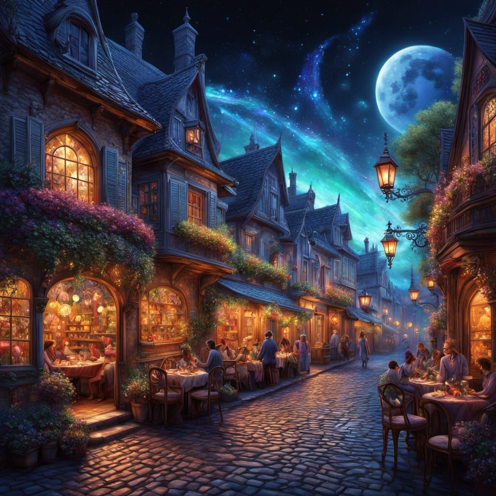 Enchanted Cafés on Cobblestone Street Under Aurora Skies