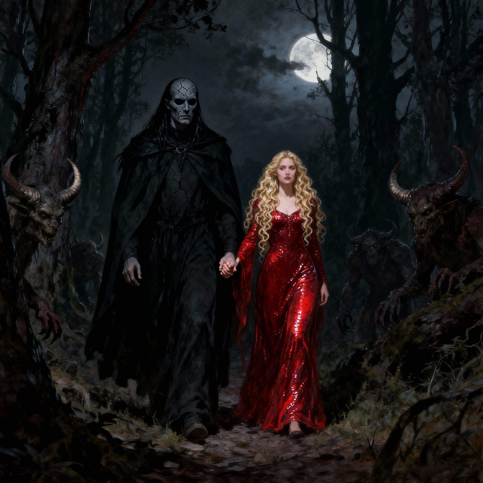 Dark Fantasy Man Leads Woman Through Forest of Monsters