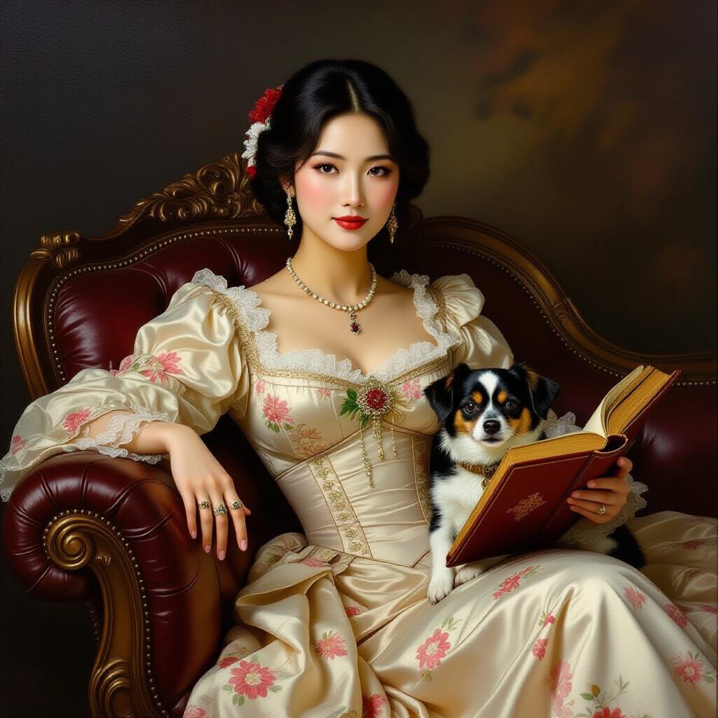 Classical Oil Painting of Victorian Woman with Dog