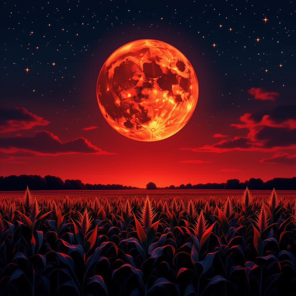 Surreal Red Moon Over Halloween Cornfield