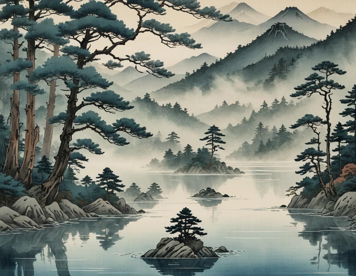 Japanese Lake in Misty Mountains: Ukiyo-e Style Art