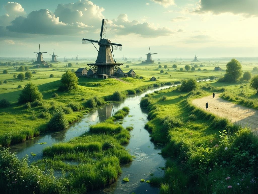 Kinderdijk Windmills: Aerial View in Impressionist Style