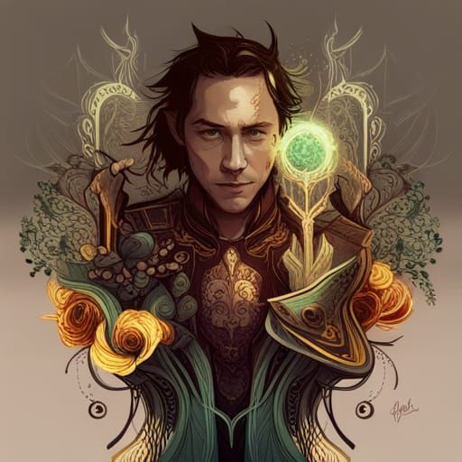 Loki with Golden Outlines and Intricate Motifs
