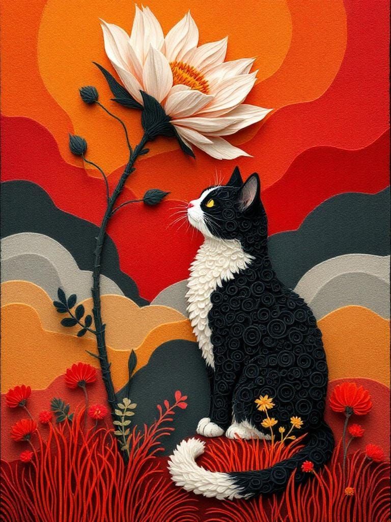 Monochromatic Felt Cat Sculpture with Vibrant Background