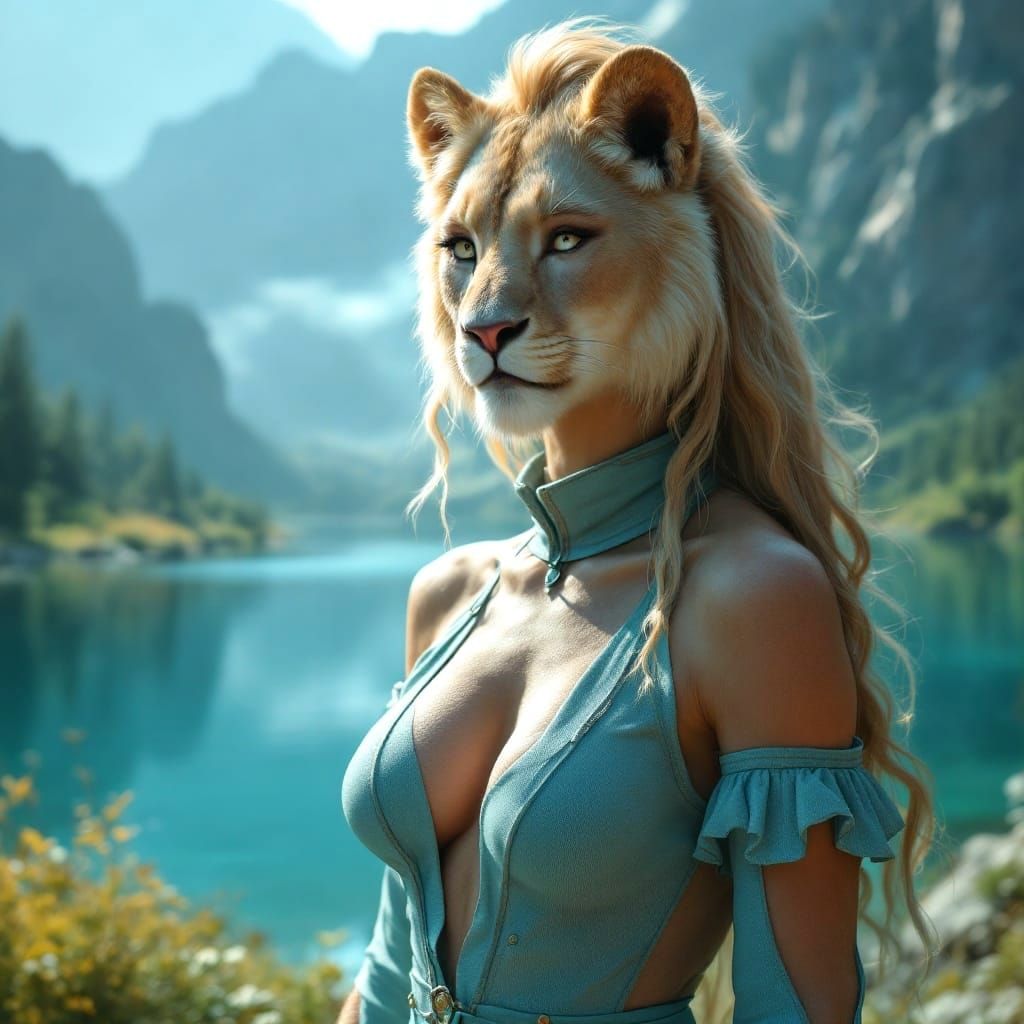 Serene Lioness Goddess in Azure Jumpsuit with Mystical Lands...