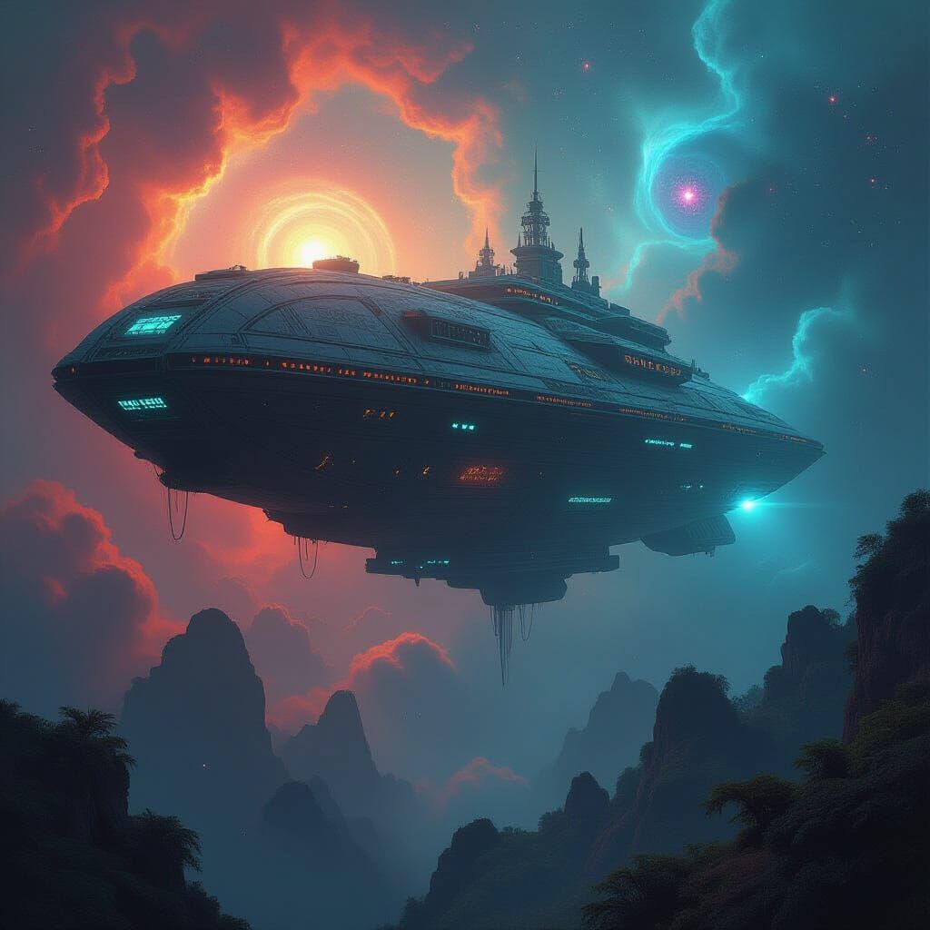 Ancient Alien Spaceship in Cosmic Nebula