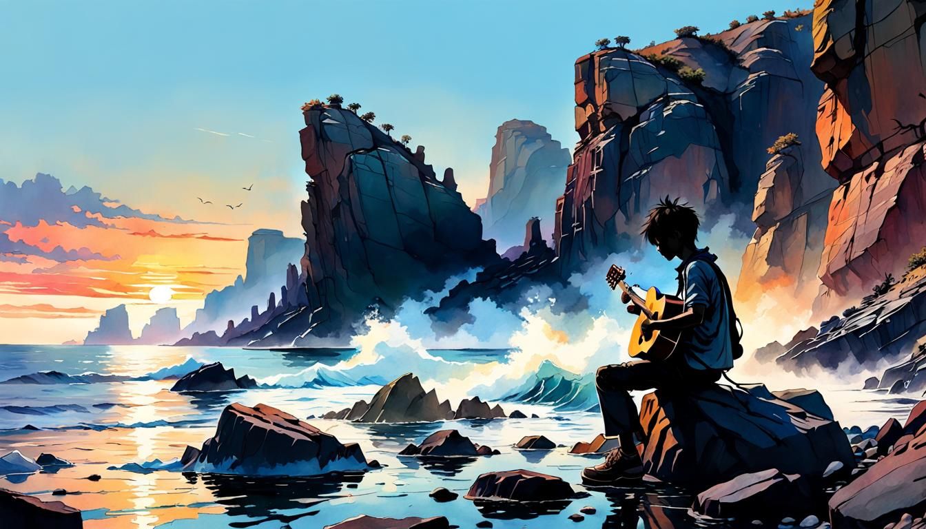 Guitarist at Sunset: Watercolor Art on Rocky Shore