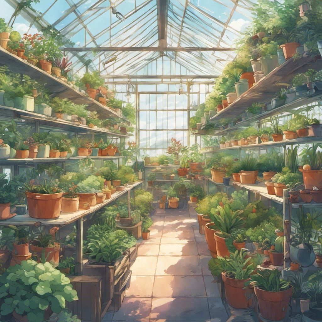 Anime Greenhouse with Exotic Plants in Studio Ghibli Style