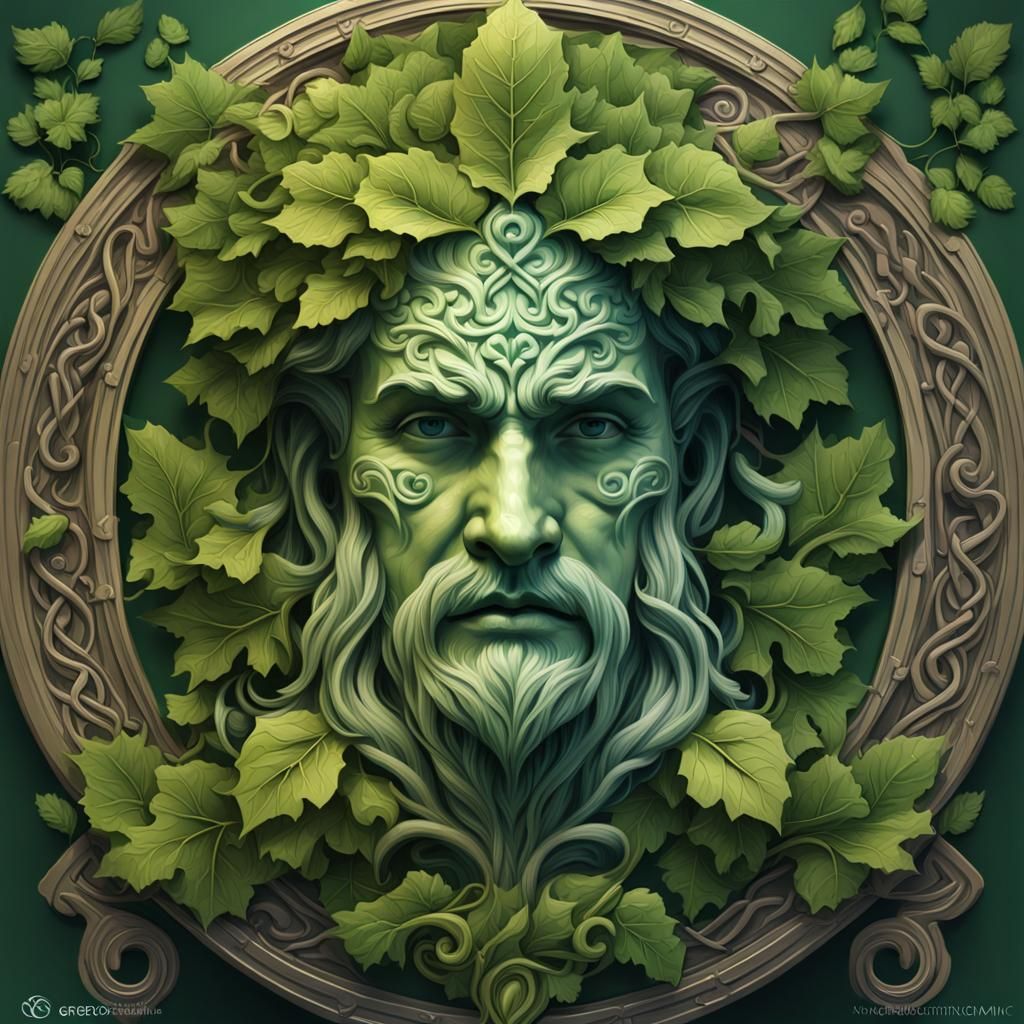Ornate Green Man Portrait in Celtic Folklore Style