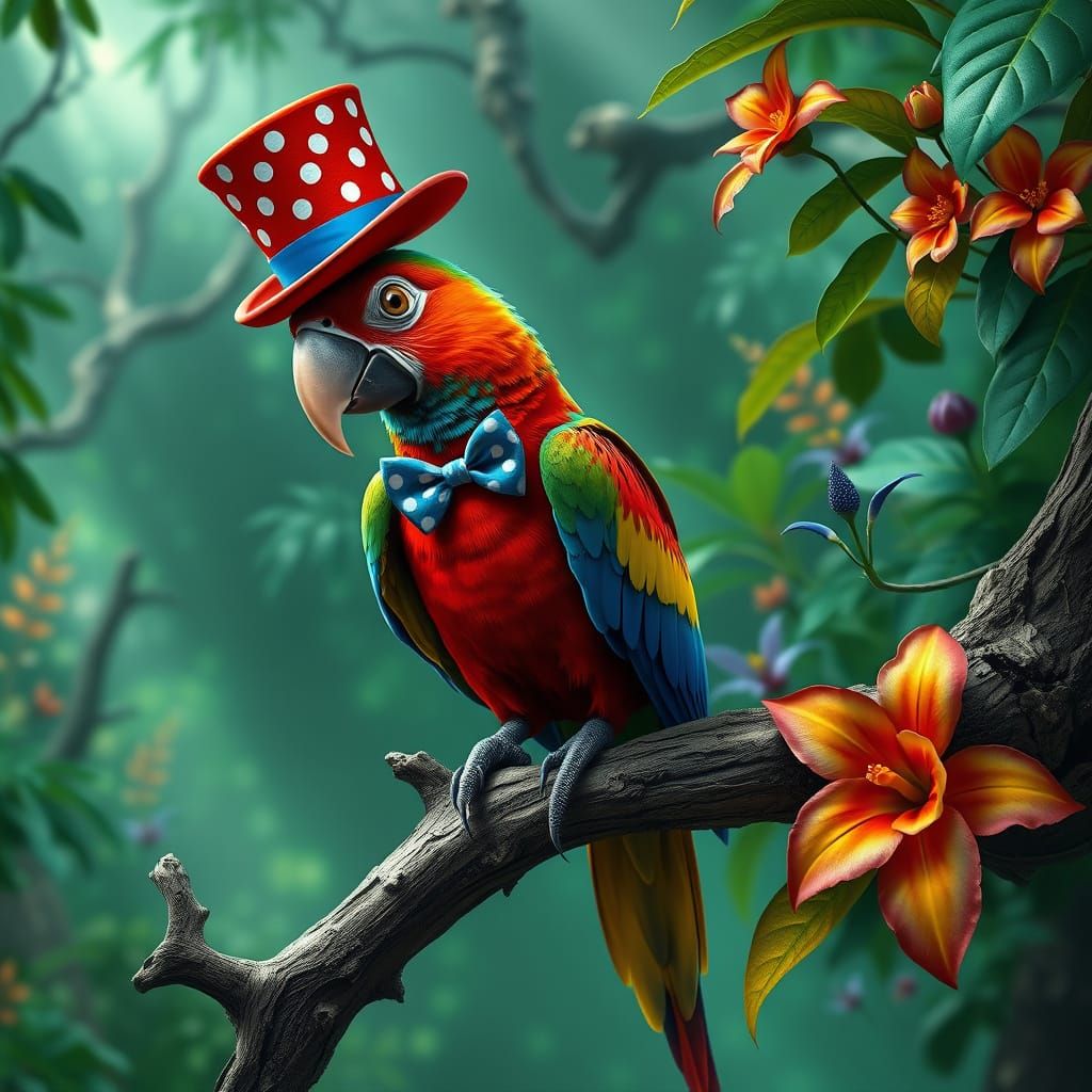 Whimsical Parrot in Emerald Jungle, a Meticulously Detailed ...