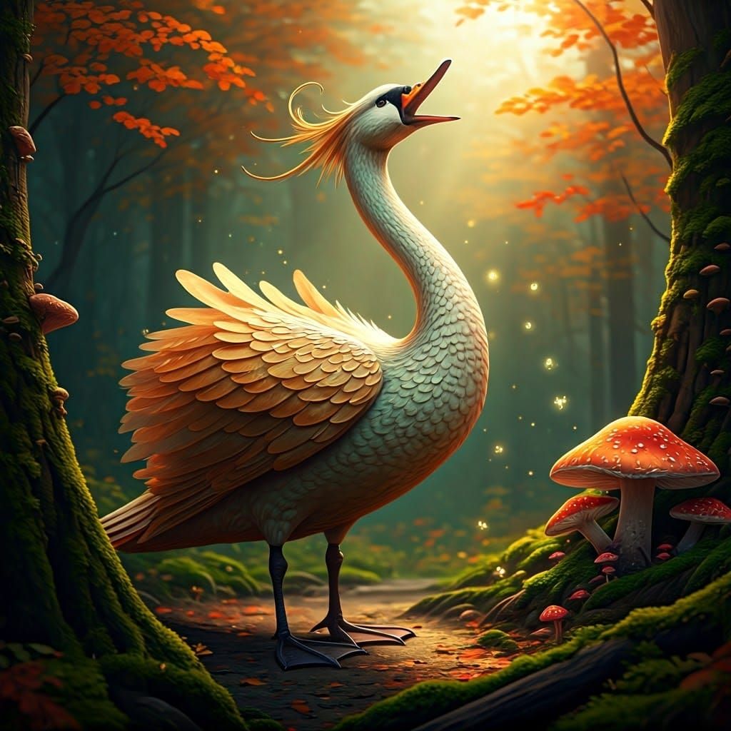Slavic Mythical Swan Sings in Autumn Forest
