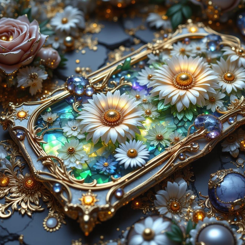 Futuristic Device with Holographic Jewels and Flowers