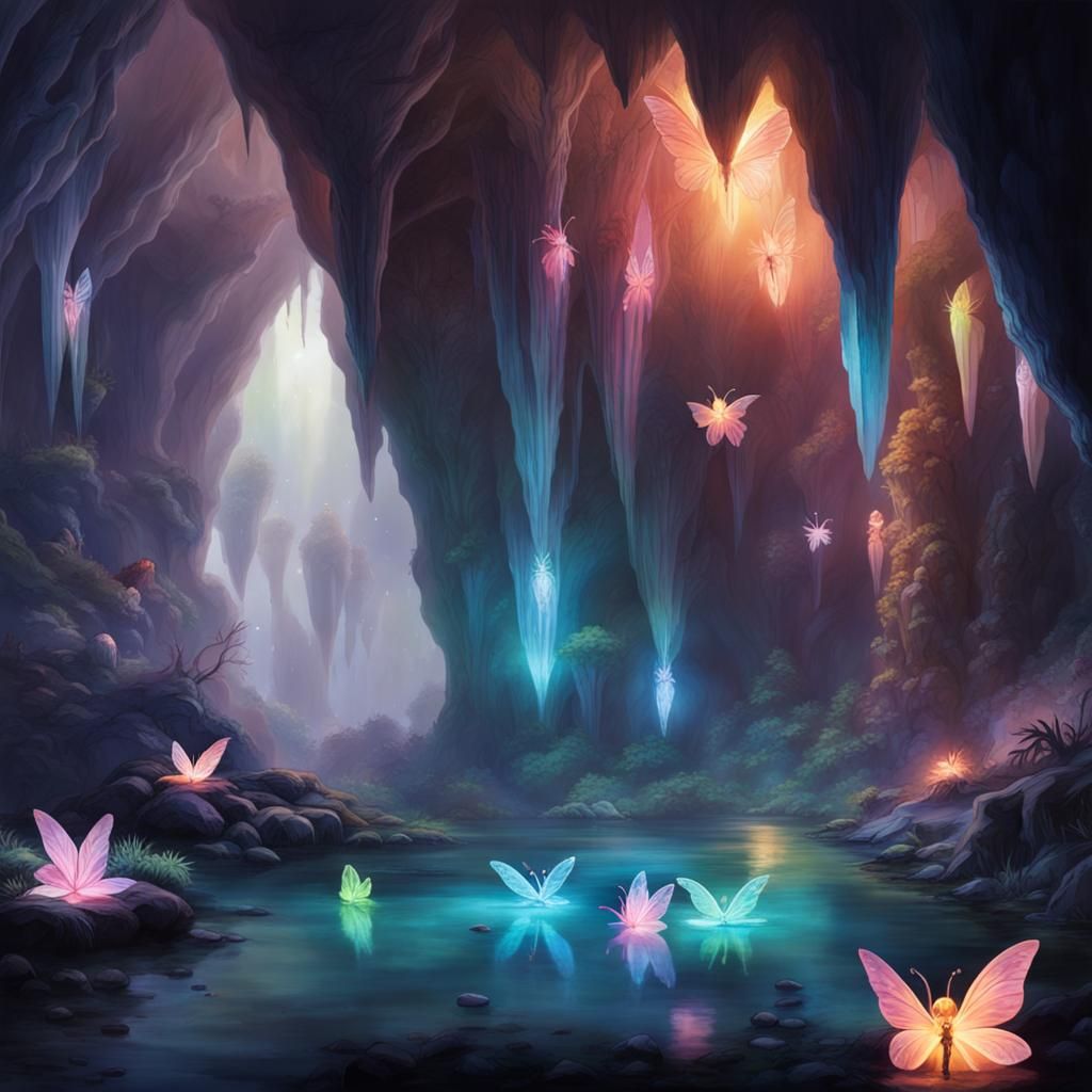 Ethereal Crystal Cave with Fairies and Glowing Bugs