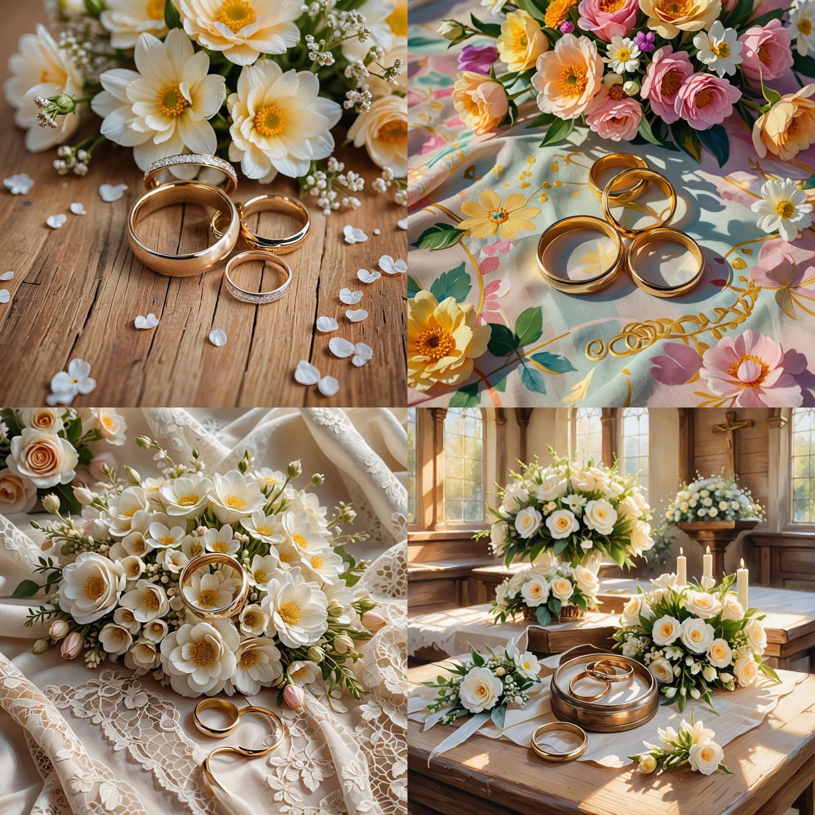 Elegant Wedding Rings and Light Flower Bouquet
