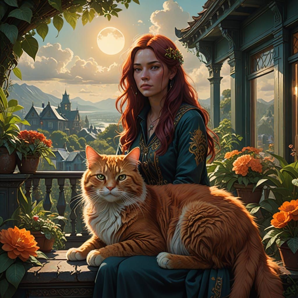Elegant Woman and Majestic Cat on Ornate Veranda in Dreamlik...