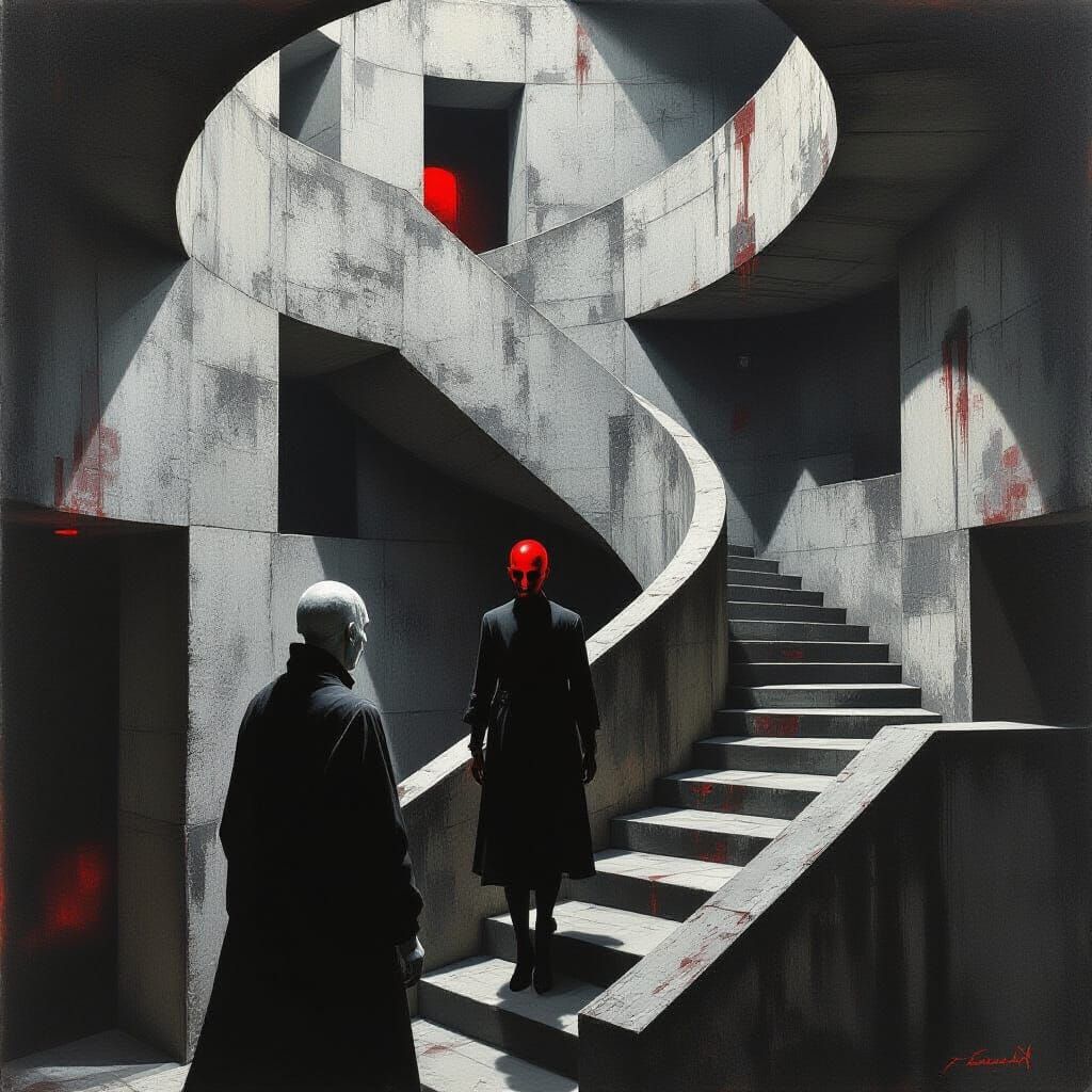 Dual-Faced Figure Navigating Brutalist Maze in Goya-Inspired...