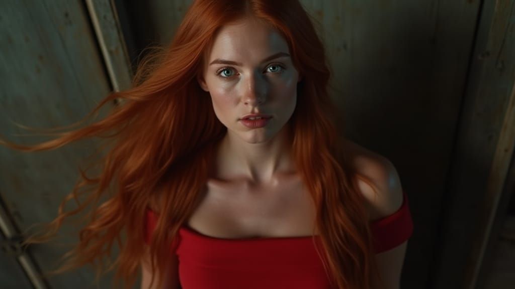 Stunning Redhead in Elegant Red Dress, Shot in Cinematic Sty...