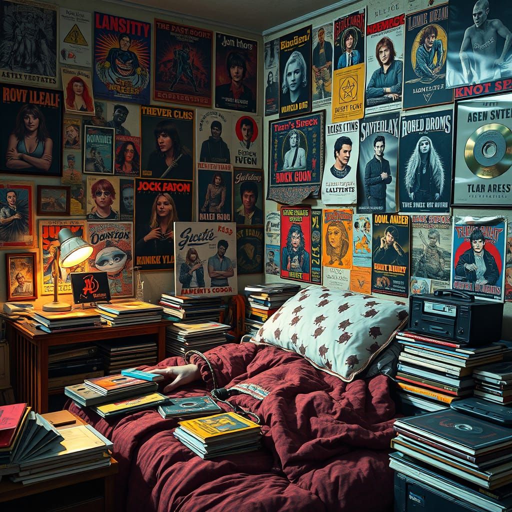 Teenager's Bedroom Filled with Vintage Music Posters and Ret...