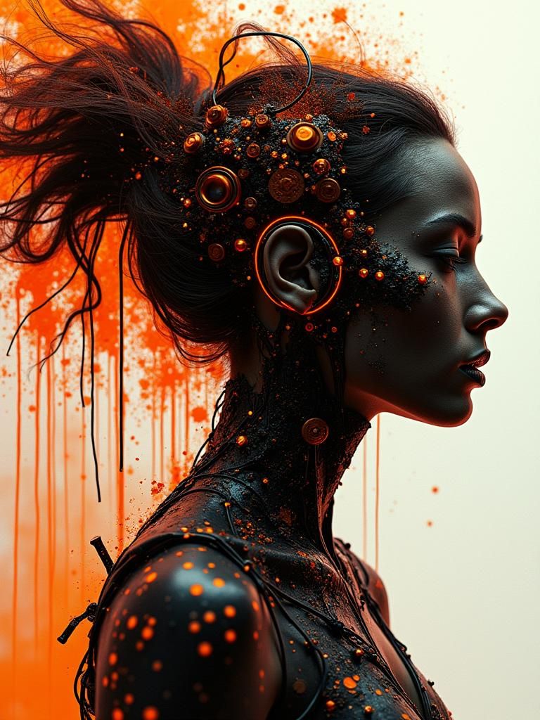 A hyperrealistic profile of a captivating female figure both...