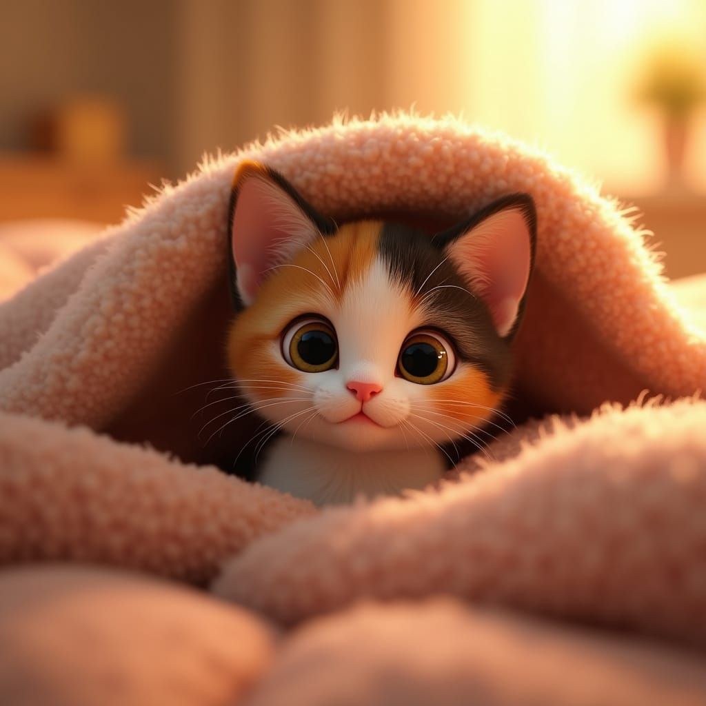 Adorable Calico Kitten Peeking from Blankets in 3D Style