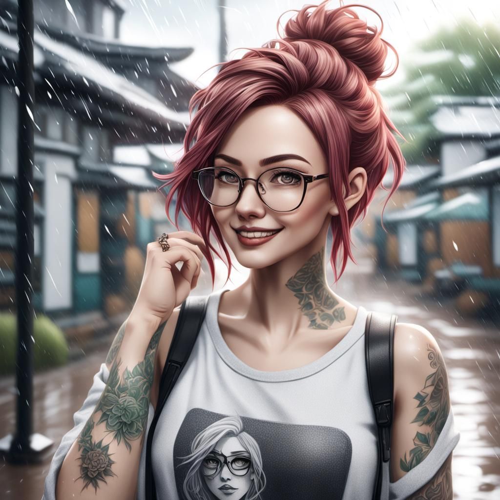 Anime Woman with Tattoo Sleeve in Rainy Schoolyard