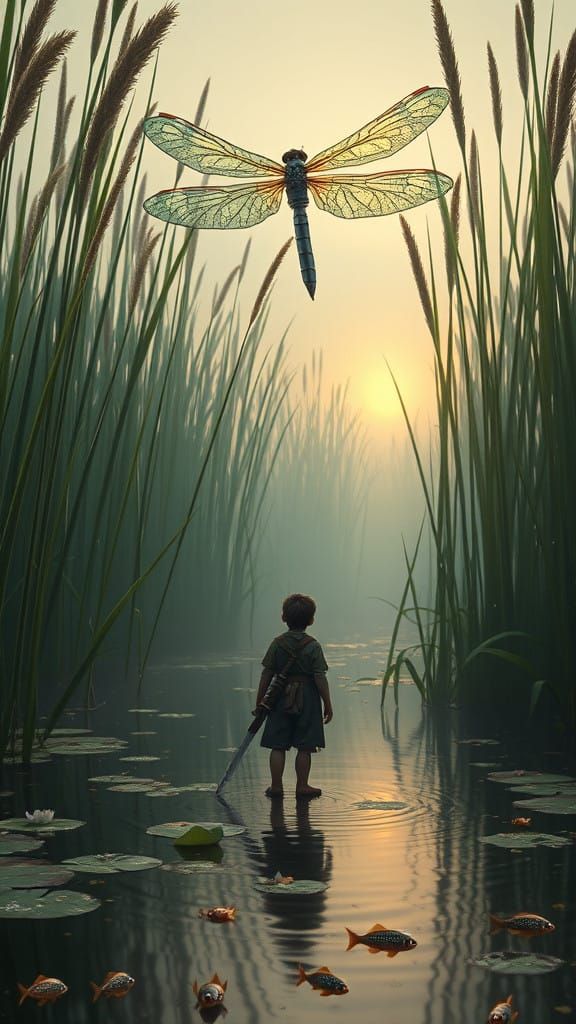 Tiny Adventurer Explores Serene Swamp in Cyberpunk Style