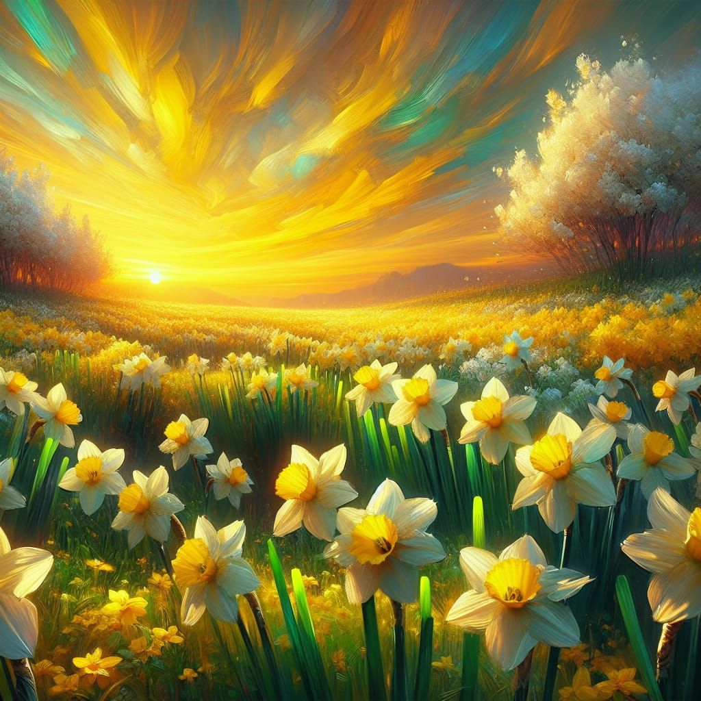 Dreamlike Daffodil Field in Sunset Glow