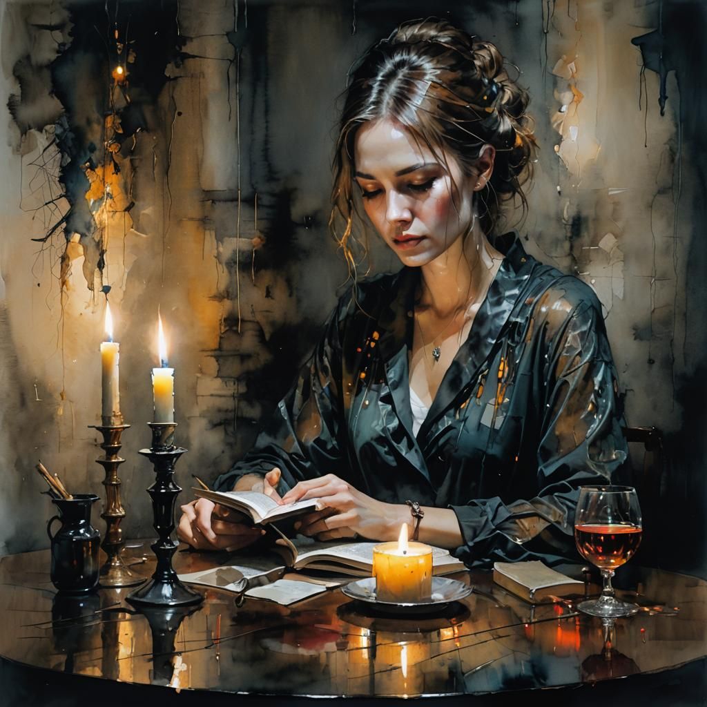 Woman Reading in Candlelight: Minimalist Alcohol Ink Art