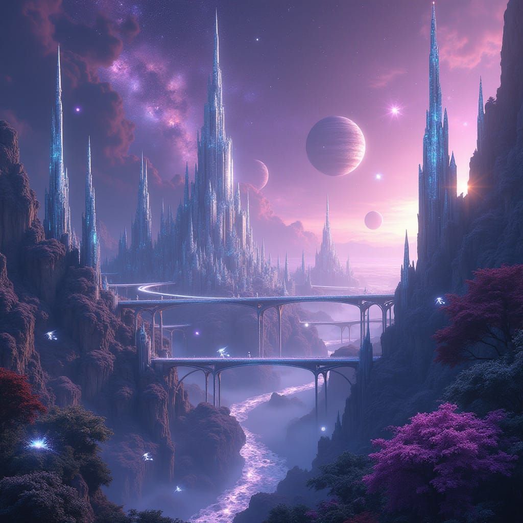 Crystal Metropolis in a Swirling Purple Nebula