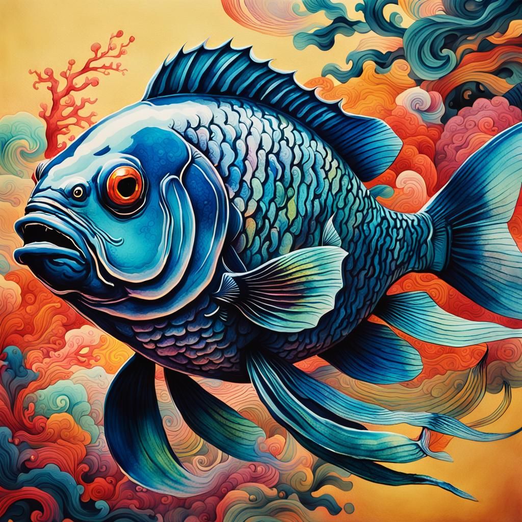 Chinese Ink Painting of a Fish in Digital Art