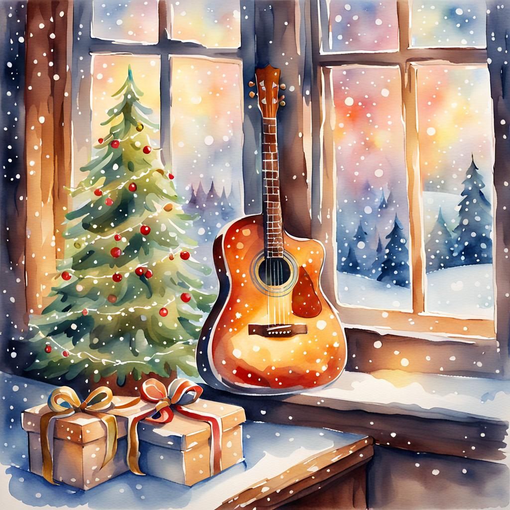 Watercolor Christmas Guitar on a Cozy Windowsill
