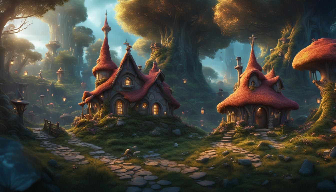 Enchanted Fairy Village in Forest, Detailed Matte Painting