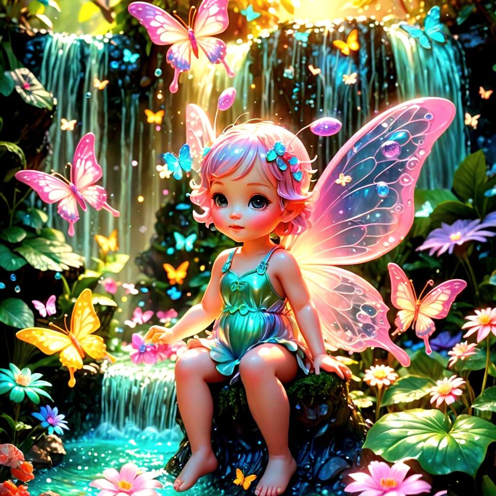 Chibi Fairy with Bioluminescent Butterflies in Candy Art