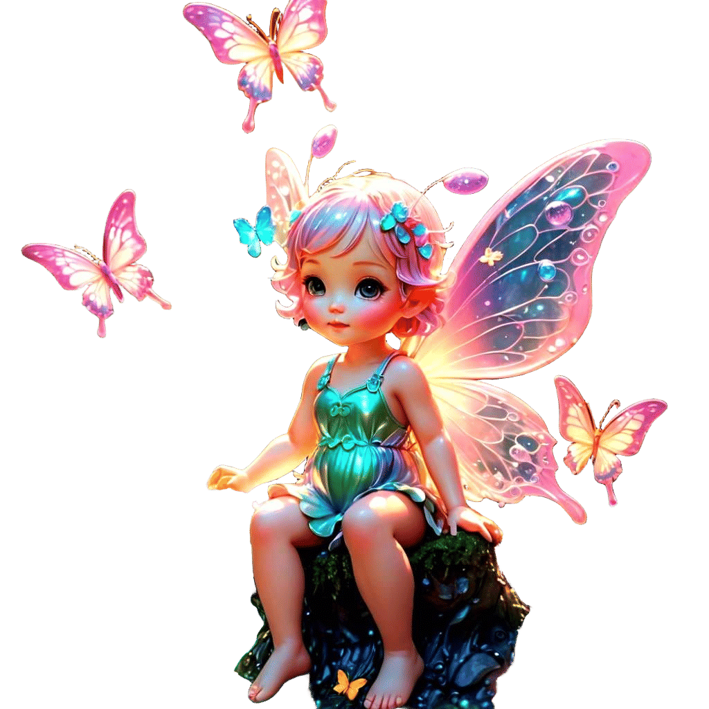 Chibi Fairy with Bioluminescent Butterflies in Candy Art