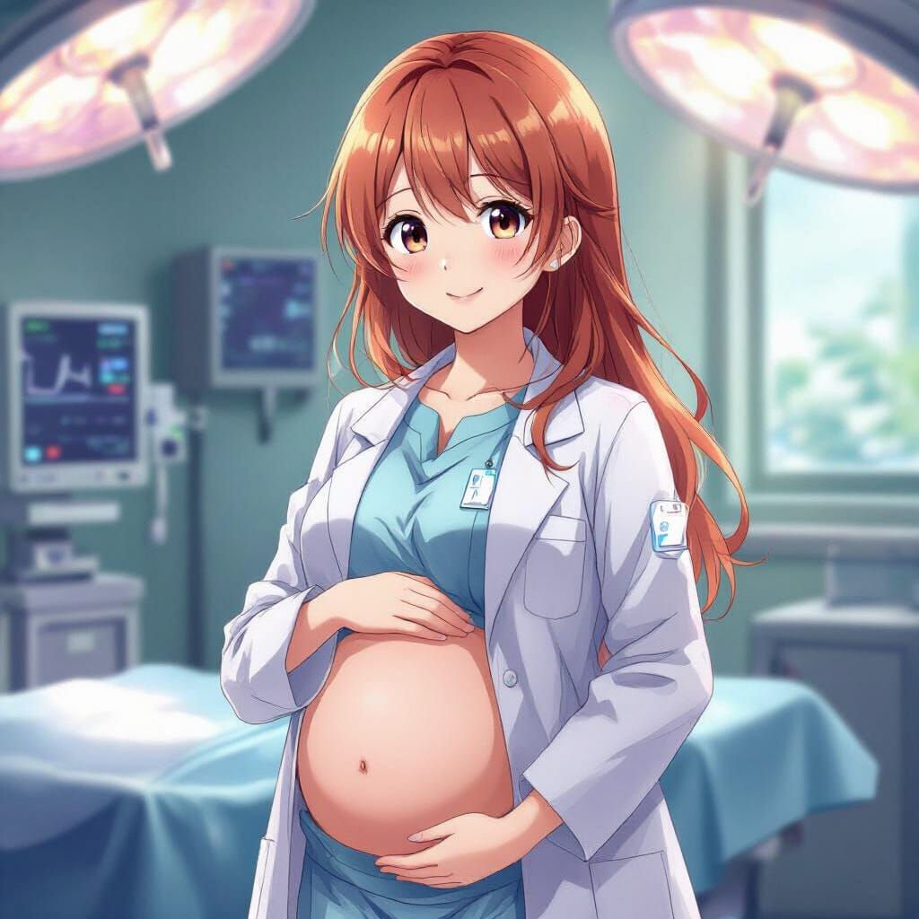 Anime Pregnant Doctor with Gentle Smile, Soft Lighting